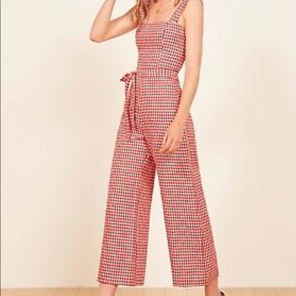 Reformation red gingham linen jumpsuit